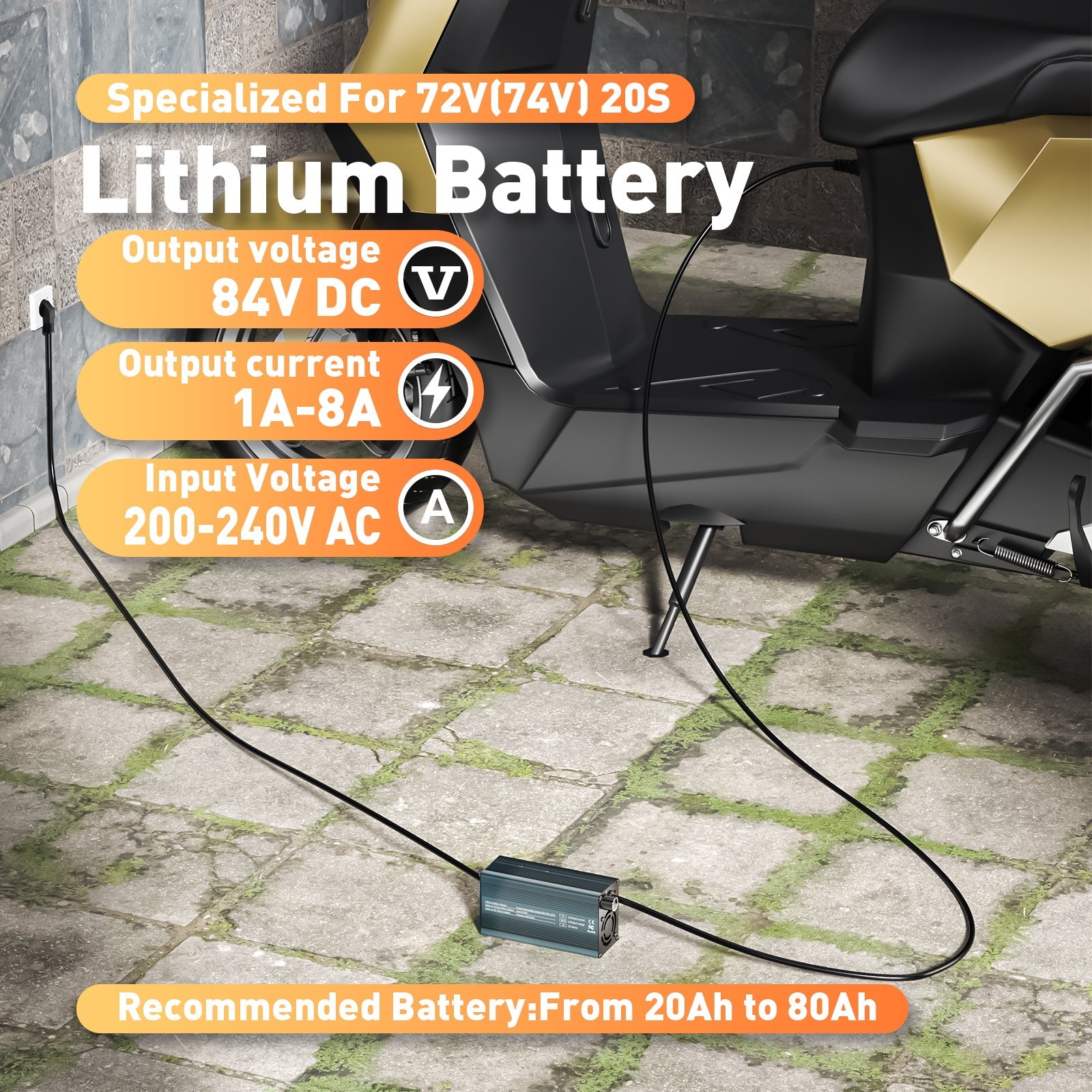 Suraziki 84V 1-8A stromverstellbares Lithium-Batterieladegerät für 20S 74 V 72 V Li-Ionen/ternären Lithium/Polymer-Akku, Ebike Scooter Elektromotorrad Akkuladegerät