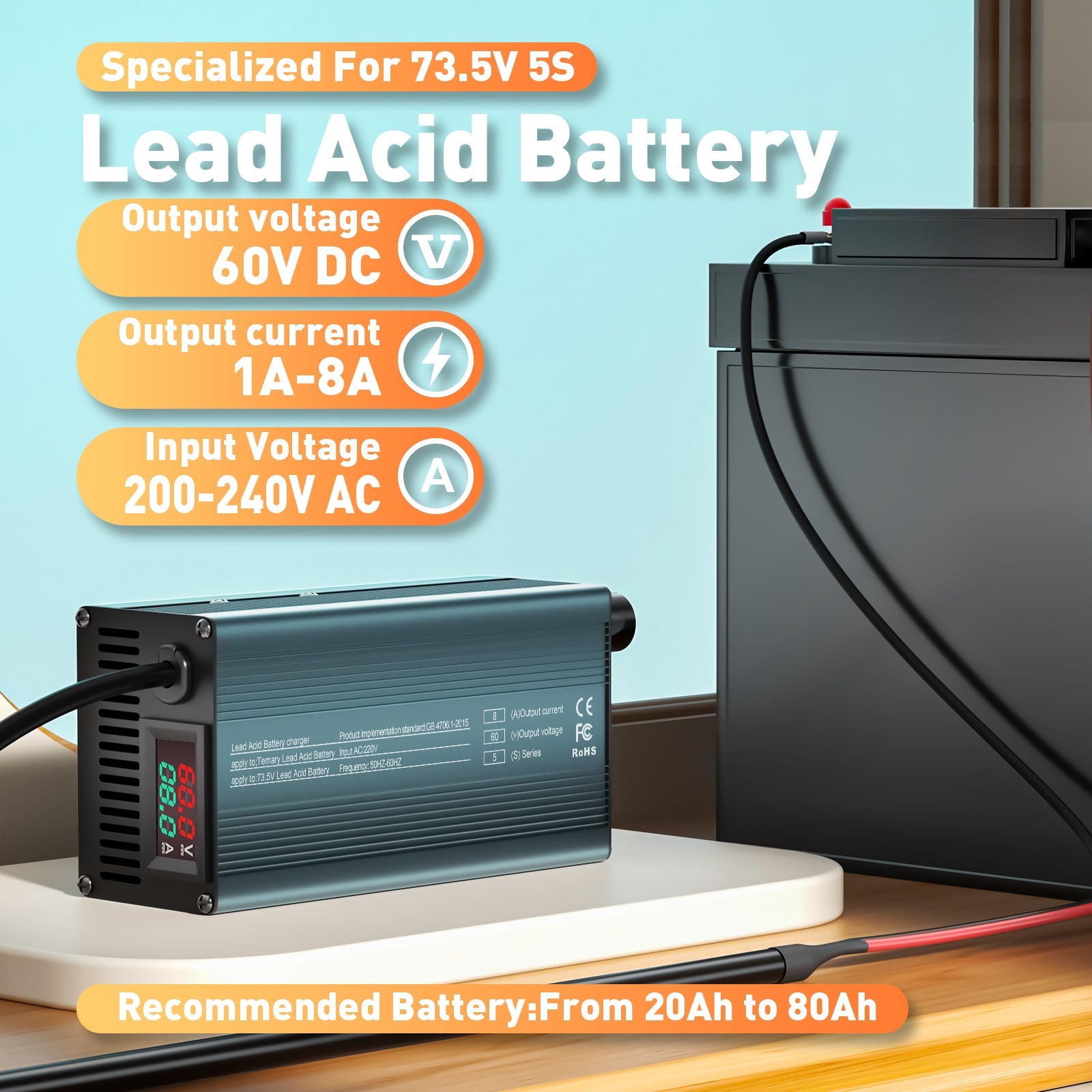 Suraziki 60V 1-8A current adjustable Battery Charger Works with All Lead-Acid Batteries (Flooded, Sealed, AGM, Gel)， LCD Display, Cooling Fans, Aluminum alloy housing