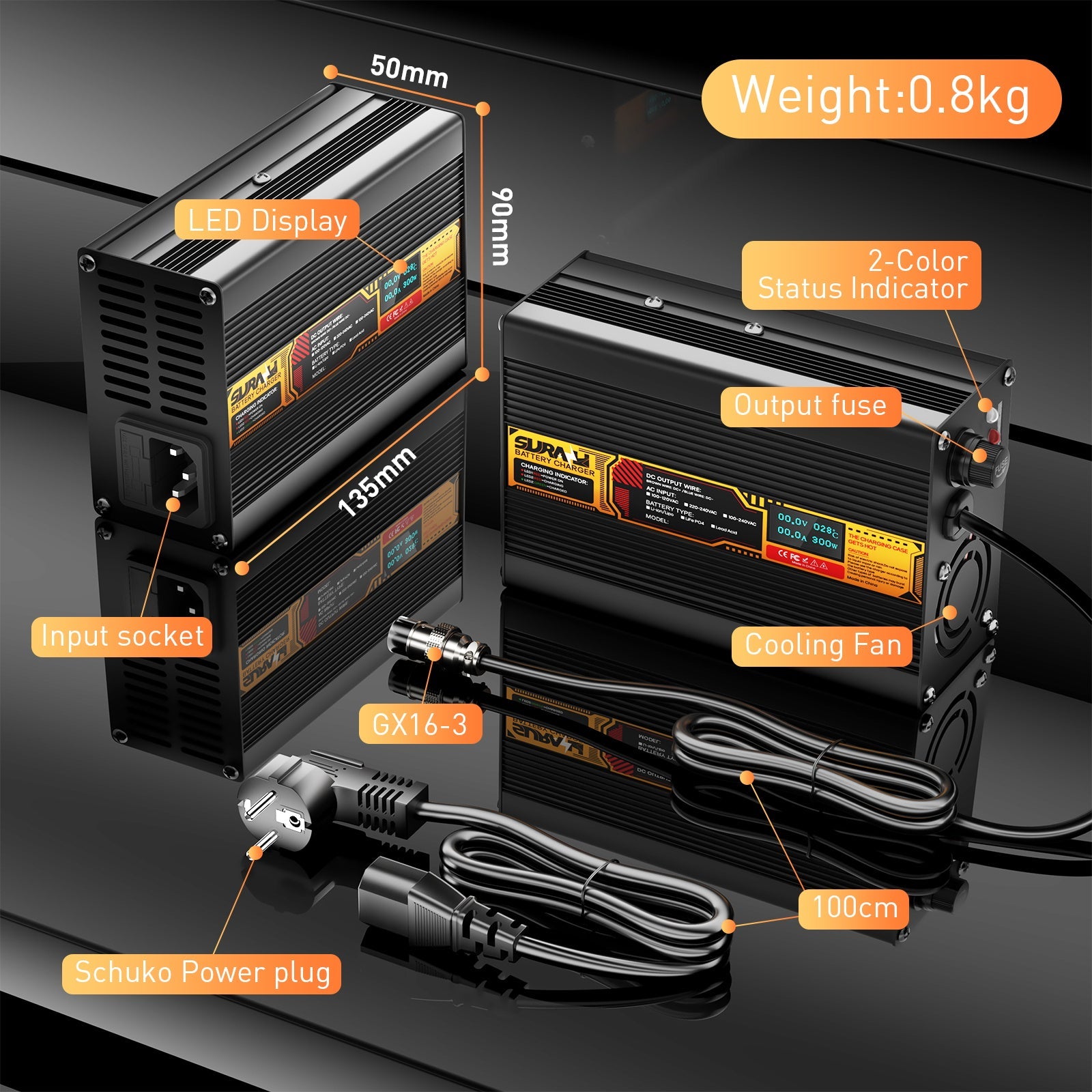 Suraziki Lithium 84V 3.5A Battery Charger for 74V 72V Lithium-ion polymer batteries, LED Display, Full Protection，Aluminum alloy shell