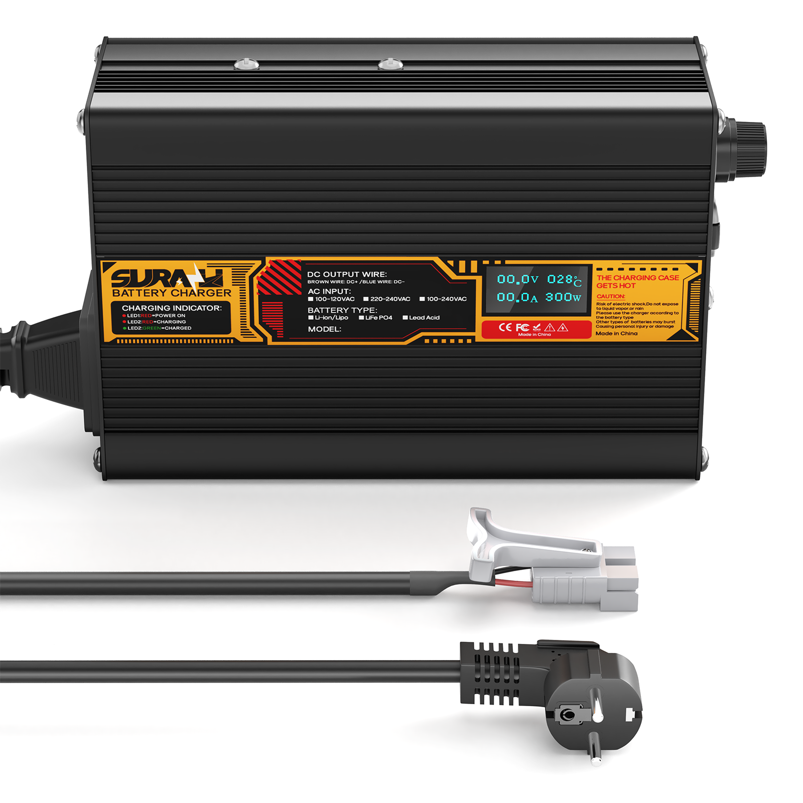 Suraziki Lithium 29.4V 8A Battery Charger for 25.9V/24V Lithium-ion polymer batteries, LED Display, Full Protection，Aluminum alloy shell