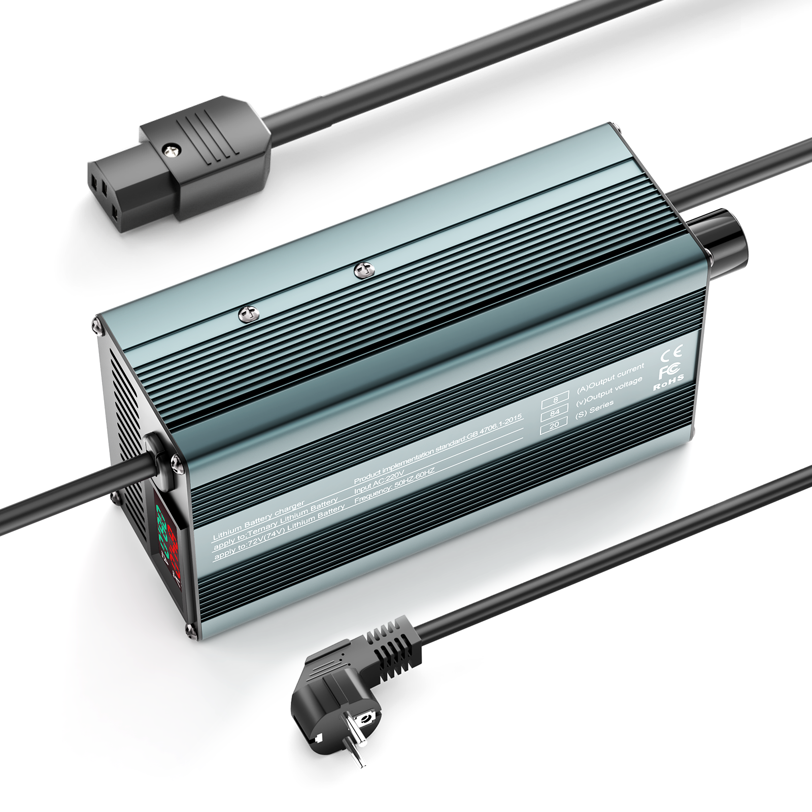 Suraziki 84V 1-8A stromverstellbares Lithium-Batterieladegerät für 20S 74 V 72 V Li-Ionen/ternären Lithium/Polymer-Akku, Ebike Scooter Elektromotorrad Akkuladegerät