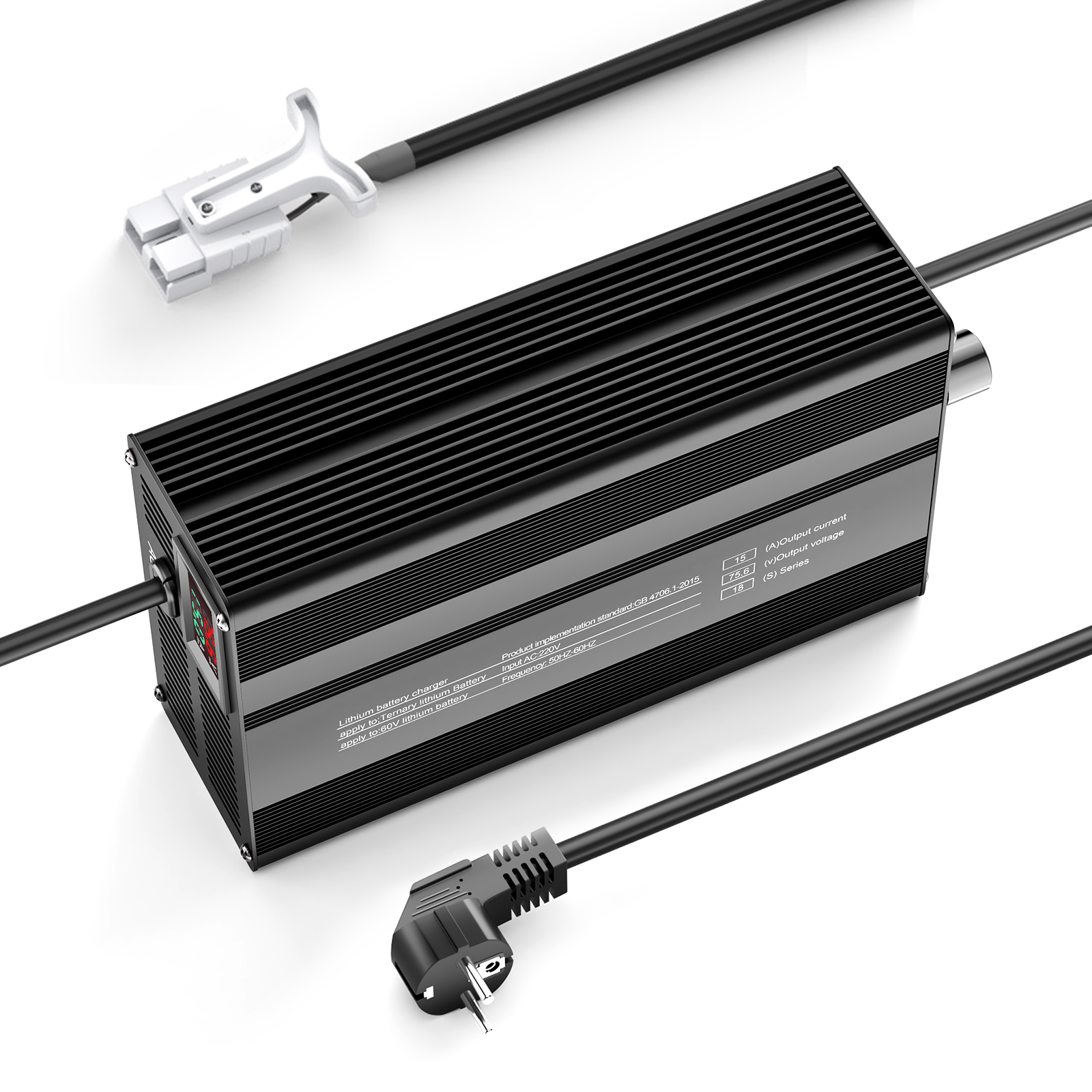 Suraziki 75,6 V 1-15 A Strom einstellbares Lithium-Batterieladegerät für 18S 66,6 V Li-Ionen-/ternäre Lithium-/Polymer-Batterien, E-Bike-Scooter-Batterieladegerät