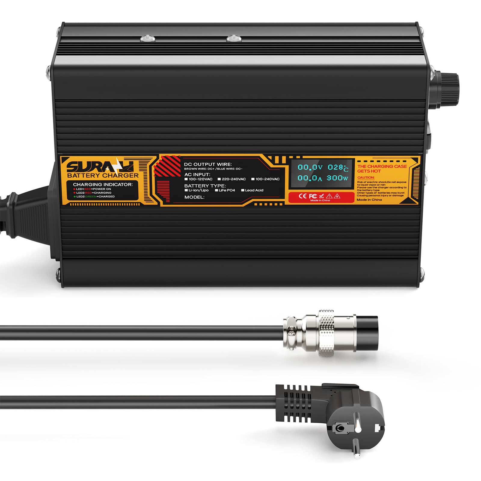 Suraziki LiFePO4 87.6V 3A Battery Charger for 72V/76.8V Lithium Iron Phosphate Batteries, LED Display, Full Protection