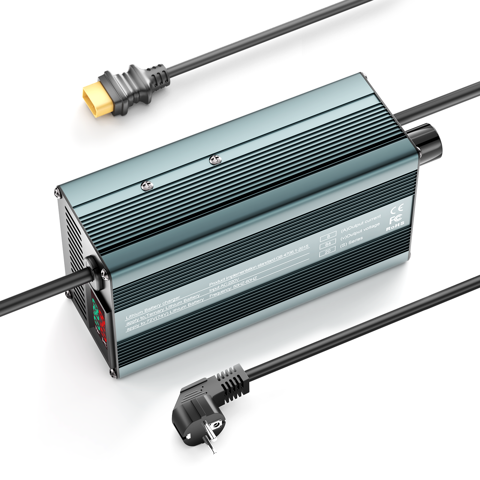 Suraziki 84V 1-8A stromverstellbares Lithium-Batterieladegerät für 20S 74 V 72 V Li-Ionen/ternären Lithium/Polymer-Akku, Ebike Scooter Elektromotorrad Akkuladegerät