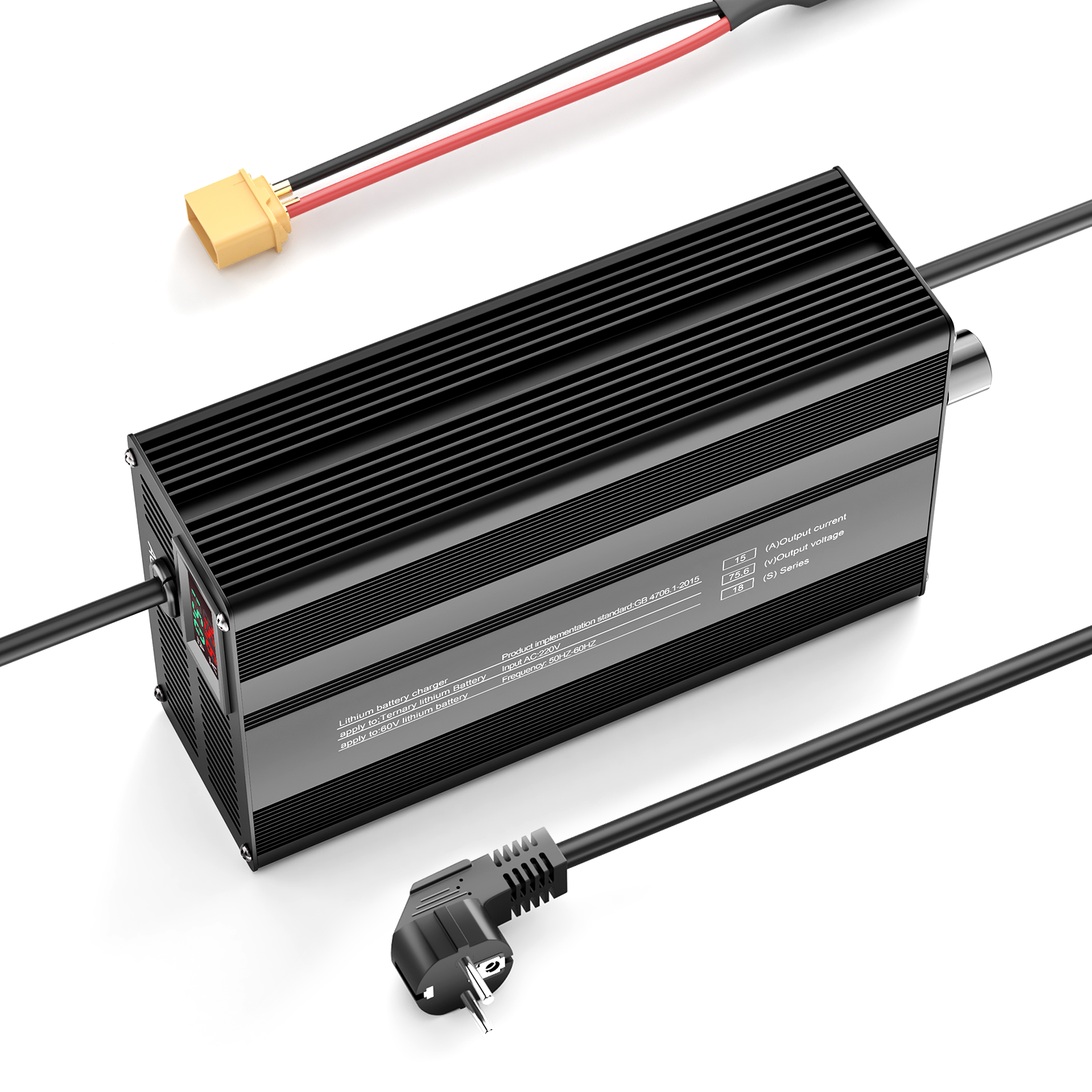 Suraziki 75,6 V 1-15 A Strom einstellbares Lithium-Batterieladegerät für 18S 66,6 V Li-Ionen-/ternäre Lithium-/Polymer-Batterien, E-Bike-Scooter-Batterieladegerät