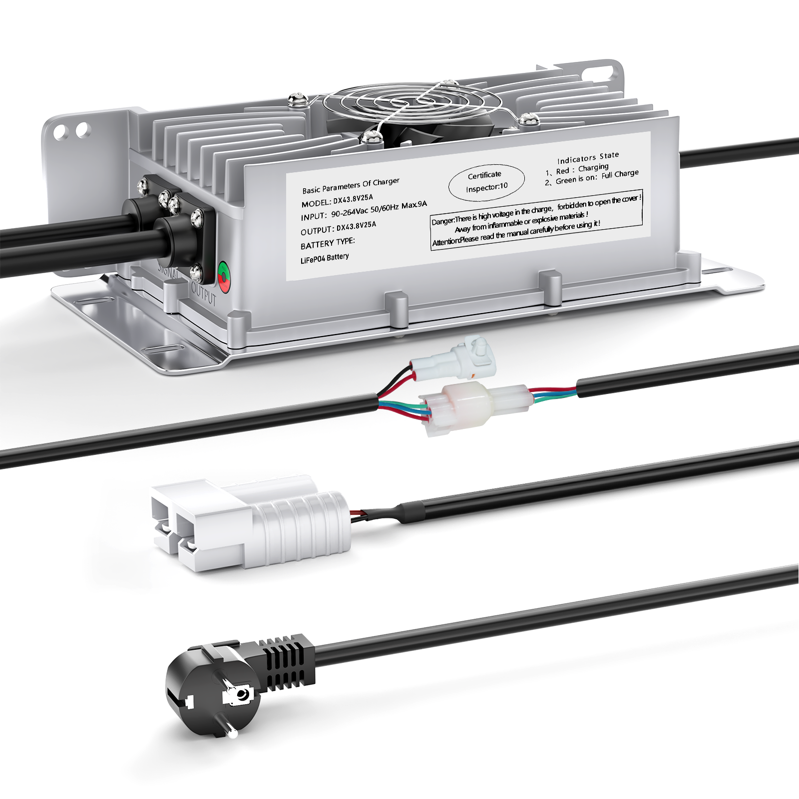 Suraziki 36V 25A Lithium Lifepo4 Battery Charger, 43.8V Charging Voltage for 36V(38.4V) 12S Battery, Waterproof, 0V BMS Activation, with Locking Cable for Electric Vehicles, E-Bikes and Golf Carts