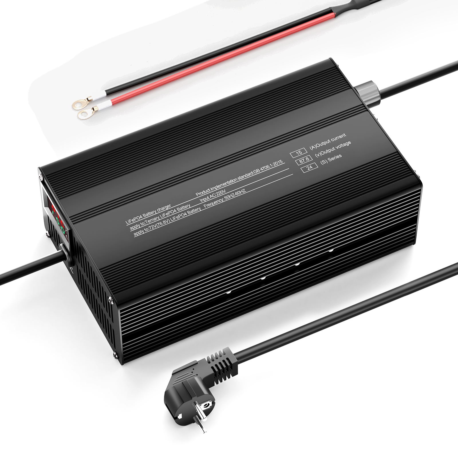 Suraziki 87,6 V 1-15 A Einstellbarer Strom Lithium LiFePO4 Batterieladegerät für 24S 76,8 V (72 V) LiFePO4-Batterie, Kühllüfter, Gehäuse aus Aluminiumlegierung, LCD-Display