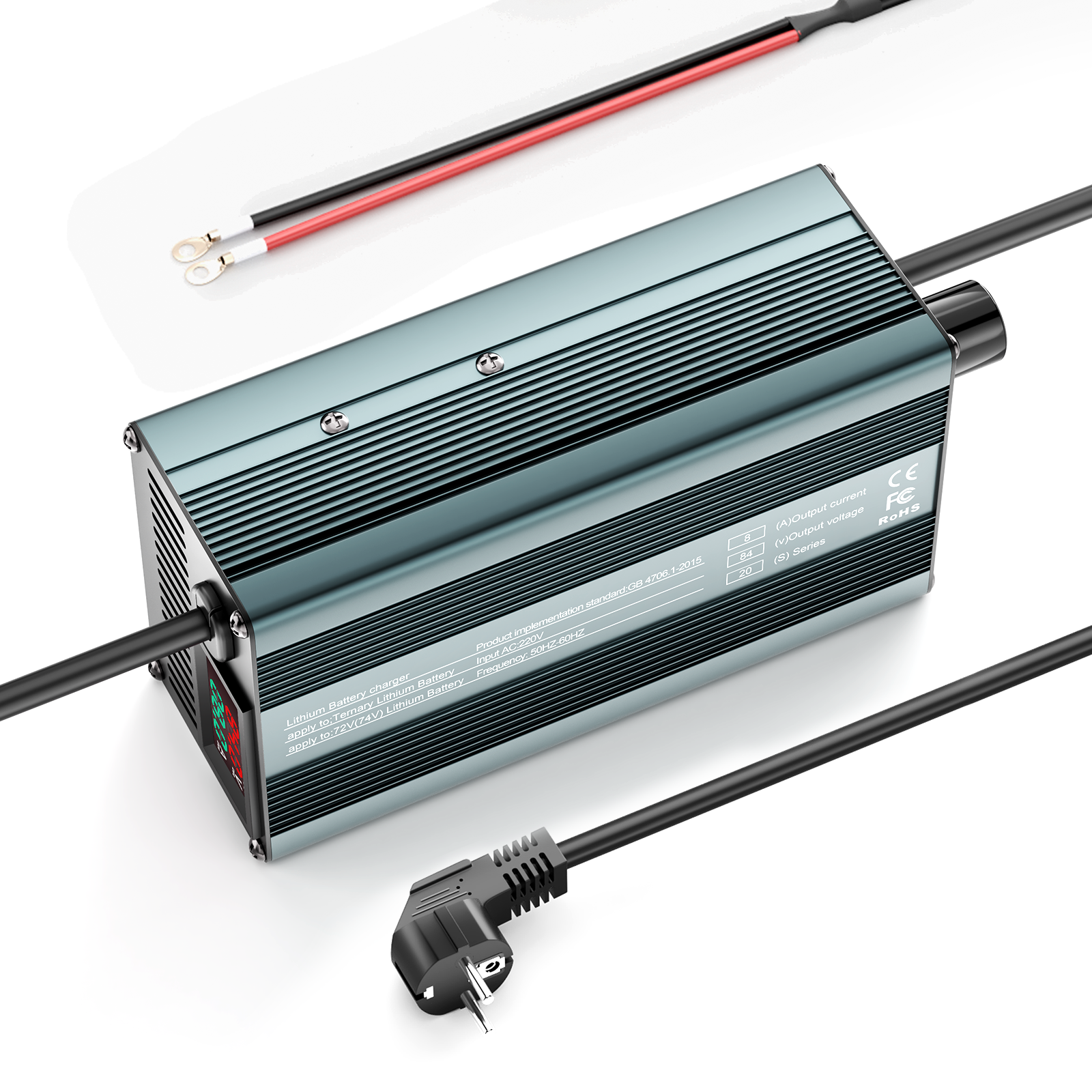Suraziki 84V 1-8A stromverstellbares Lithium-Batterieladegerät für 20S 74 V 72 V Li-Ionen/ternären Lithium/Polymer-Akku, Ebike Scooter Elektromotorrad Akkuladegerät