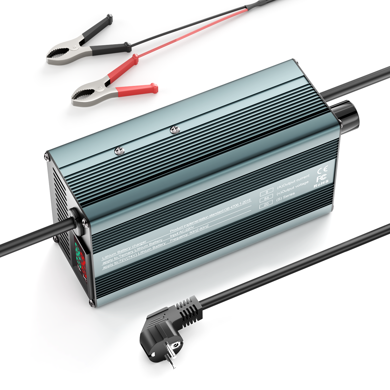 Suraziki 84V 1-8A stromverstellbares Lithium-Batterieladegerät für 20S 74 V 72 V Li-Ionen/ternären Lithium/Polymer-Akku, Ebike Scooter Elektromotorrad Akkuladegerät