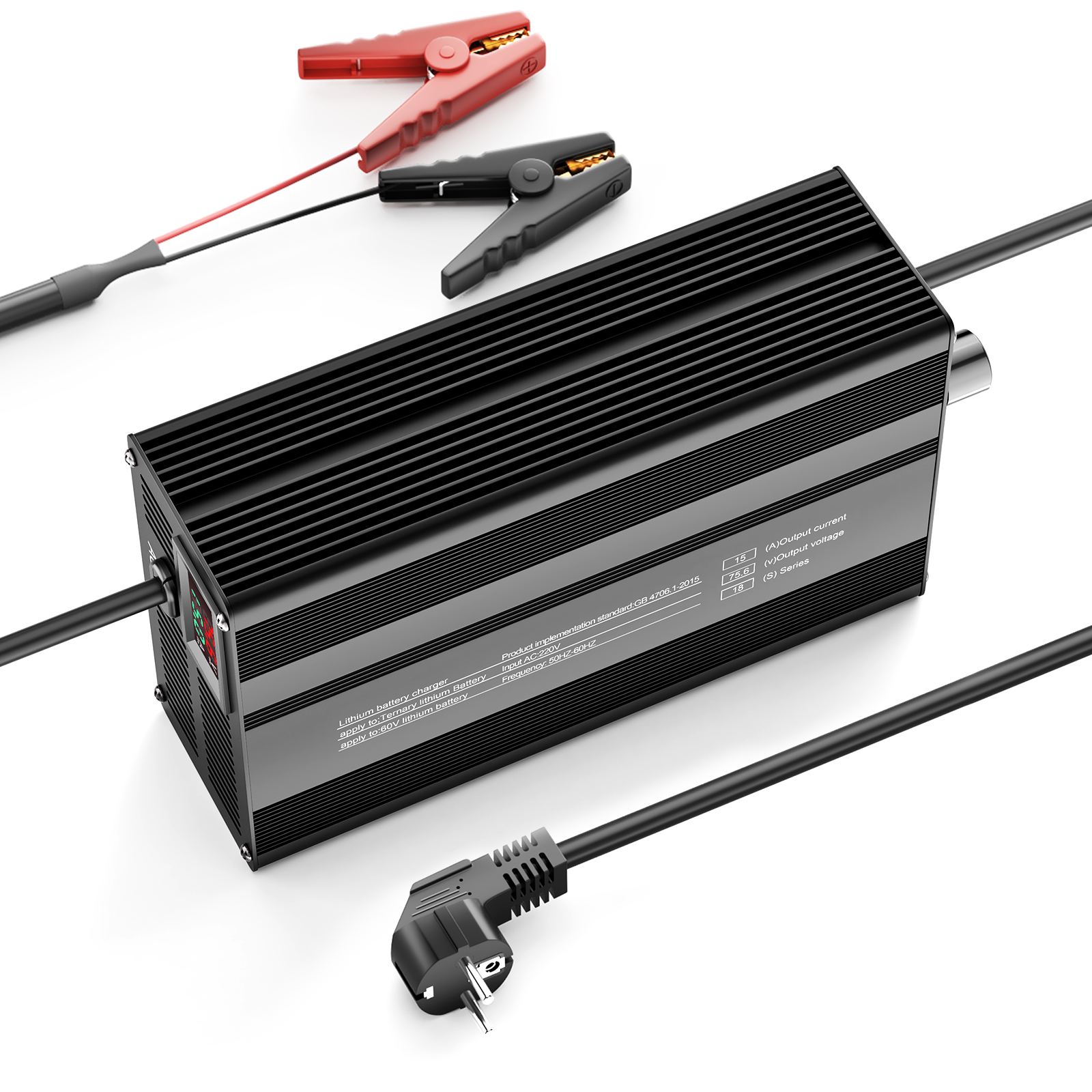 Suraziki 75,6 V 1-15 A Strom einstellbares Lithium-Batterieladegerät für 18S 66,6 V Li-Ionen-/ternäre Lithium-/Polymer-Batterien, E-Bike-Scooter-Batterieladegerät
