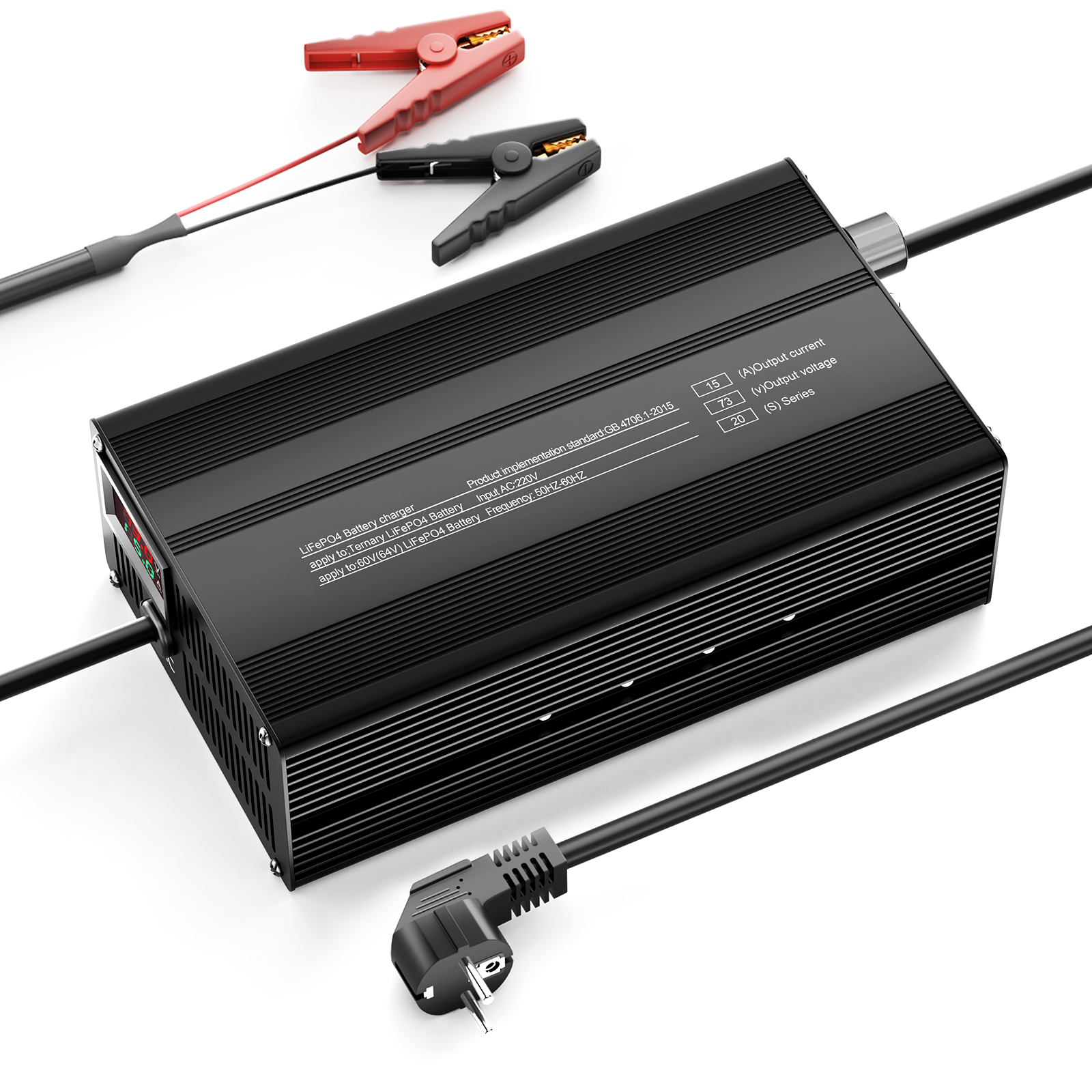 Suraziki 73V 1-15A Adjustable Current Lithium LiFePO4 Battery Charger for 20S 64V (60V) LiFePO4 Battery, Cooling Fan, Aluminum Alloy Case, LCD Display