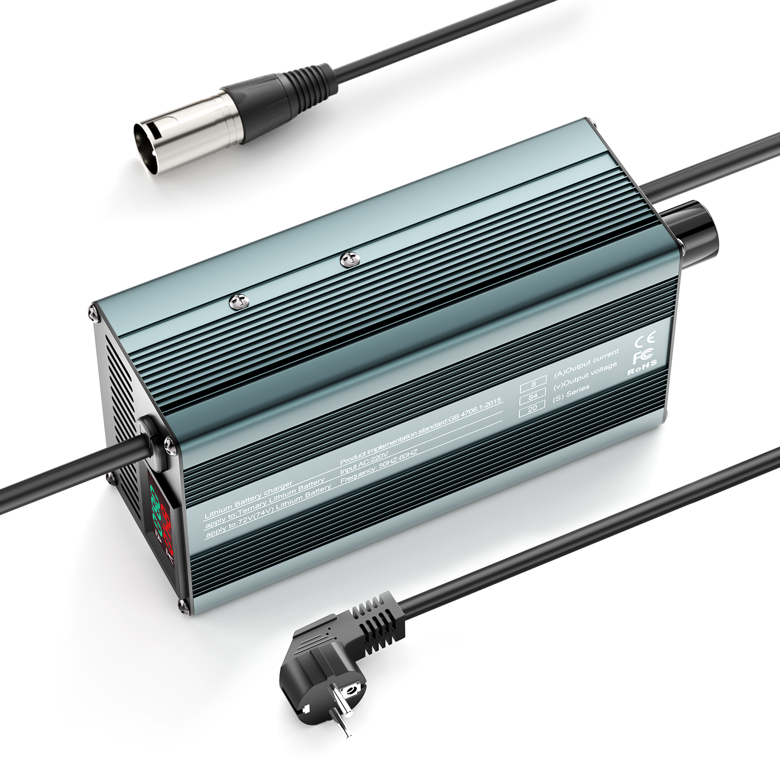 Suraziki 84V 1-8A stromverstellbares Lithium-Batterieladegerät für 20S 74 V 72 V Li-Ionen/ternären Lithium/Polymer-Akku, Ebike Scooter Elektromotorrad Akkuladegerät
