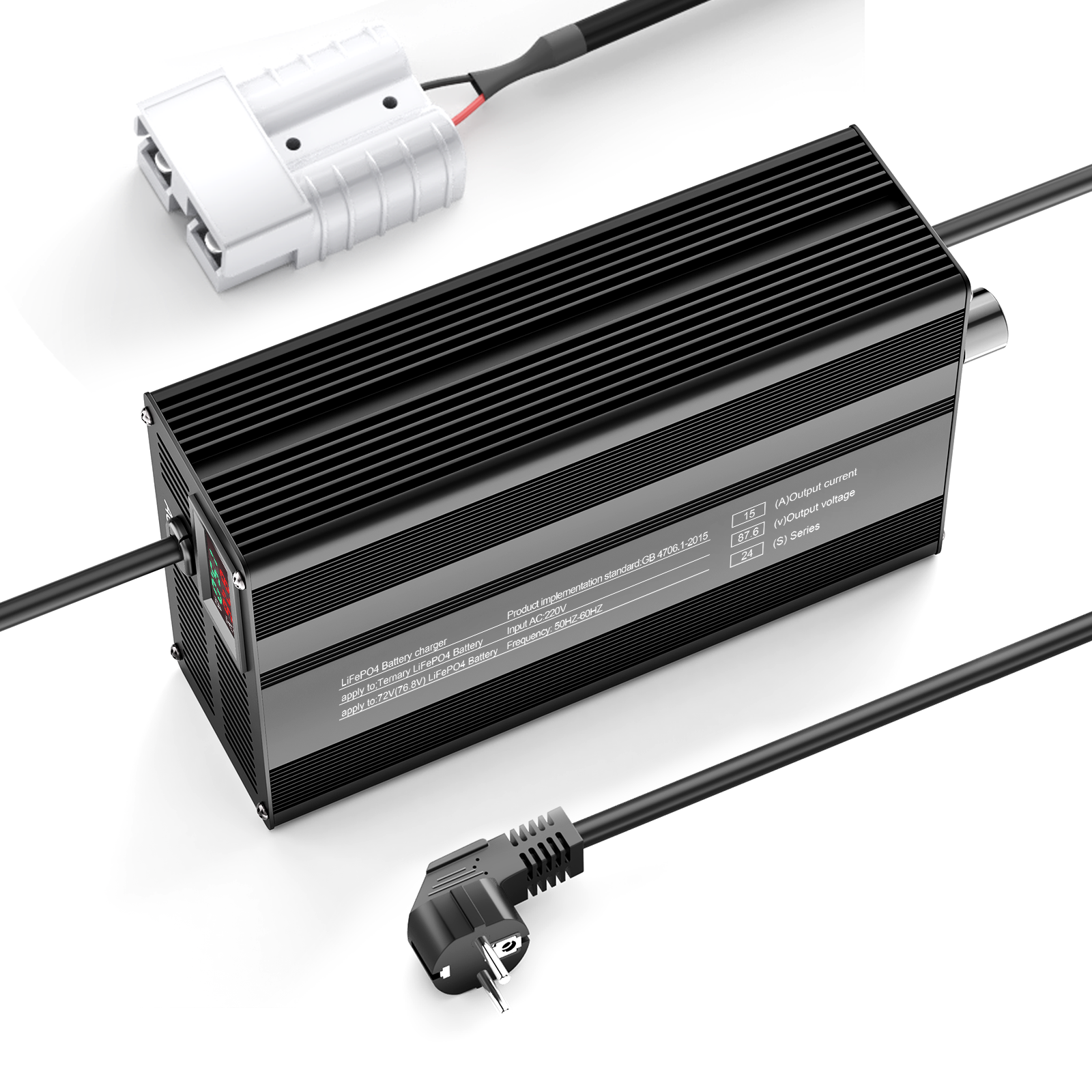 Suraziki 87,6 V 1-15 A Einstellbarer Strom Lithium LiFePO4 Batterieladegerät für 24S 76,8 V (72 V) LiFePO4-Batterie, Kühllüfter, Gehäuse aus Aluminiumlegierung, LCD-Display